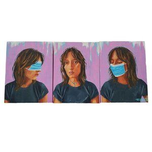 "Mask Fatigue" Tryptich 3 Original Oil Paintings on Cradled Wood Panel 6x8x.75"